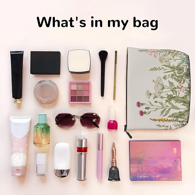 MOLAIGIN Vintage Color Plants Herbs Floral Cosmetic Bag For Women, Travel Makeup Bag, Toiletry Zipper Bag, Large Capacity Aesthetic Cases
