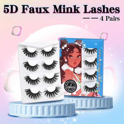 Losha 22mm Lashes Fluffy Eyelashes 5D Dramatic Long False Eyelashes Volume Faux Mink Lashes Wispy Fake Lashes that Like Lash Extensions 4 Pairs (Lifted)