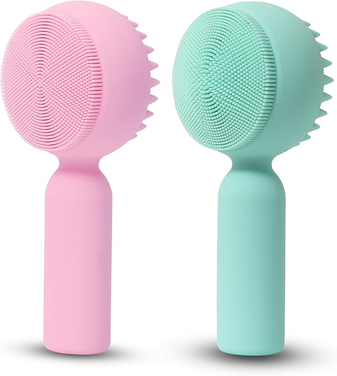 2 PC Silicone Facial Cleansing Brush 2 in 1 Facial Scrubber Manual Exfoliating Facial Brush Face Cleanser Face Exfoliator Ultrafine Bristles for Sensitive Skin Easy to Clean Lather Well(Pink&Green)