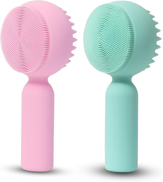 2 PC Silicone Facial Cleansing Brush 2 in 1 Facial Scrubber Manual Exfoliating Facial Brush Face Cleanser Face Exfoliator Ultrafine Bristles for Sensitive Skin Easy to Clean Lather Well(Pink&Green)