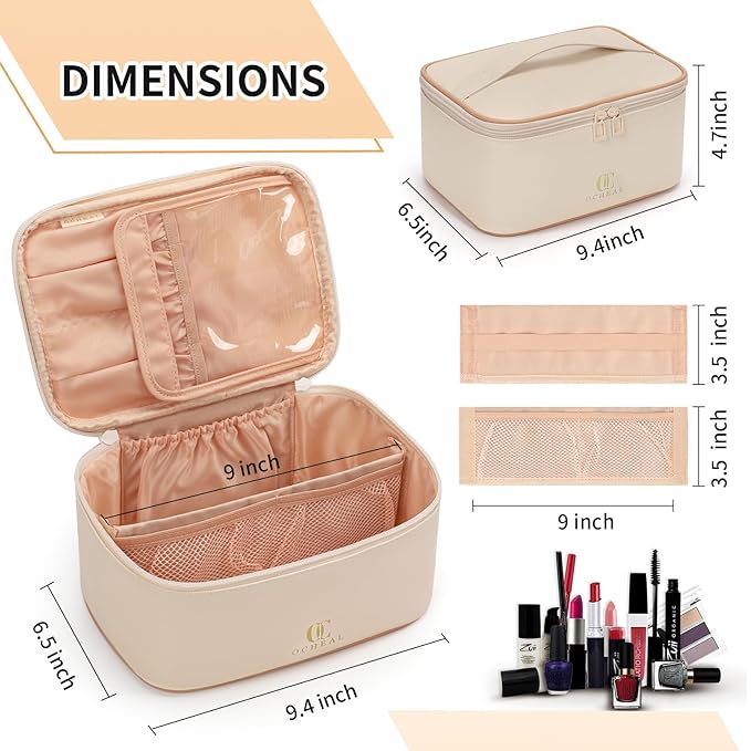 OCHEAL Beige Makeup Bag,Travel Makeup Organizer Bag, Large Capacity Cosmetic Bags For Women Large Travel Toiletry Bag Girls Traveling With Brush Slot And Divider-White