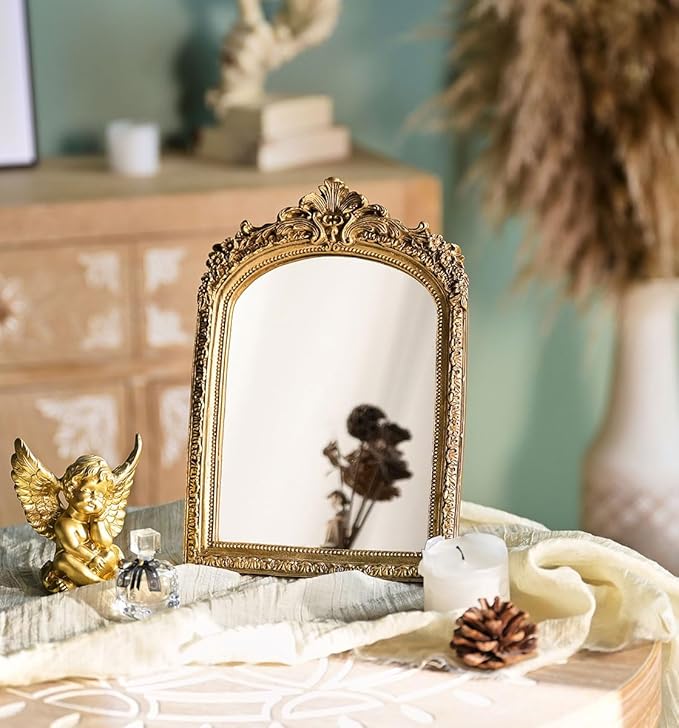 Small Gold Vintage Vanity Desk Makeup Mirror Antique Decorative Wall Mirror,Resin Carved Arch Table Mirror with Stand for Living Room,Bedroom Dresser,Desktop Decor 10.2" x 7" ﻿