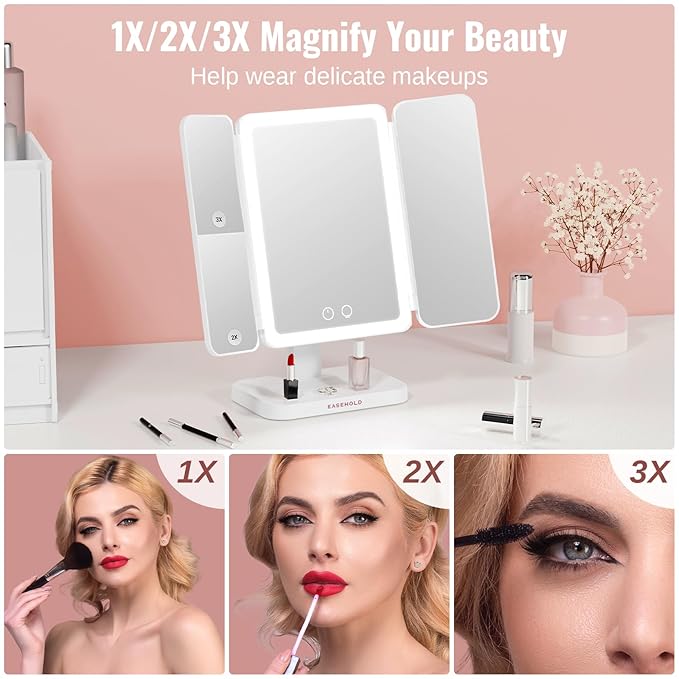 EASEHOLD Vanity Mirror with Lights, 2X 3X Magnification, Trifold, Rechargable, Touch Control - Gifts for Girls & Women