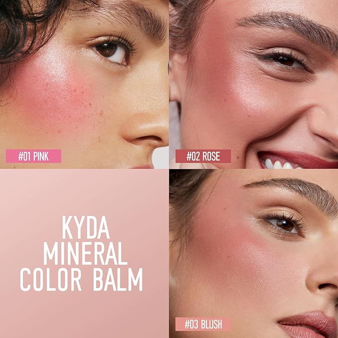 KYDA 3 Colors Mineral Color Balm, SPF 35, Buildable Shimmer Color for Lip and Cheek, Shimmer Cream Blush Stick, Lightweight Blendable, Multiuse Makeup Balm, PINK+ROSE+BLUSH