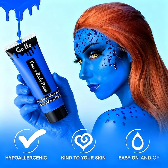 Go Ho Royal Blue Face Body Paint Washable(2.37oz/pc),Water Based Cream Blue Face Paint,Smurf Mystique Avatar Clown Makeup,Blue Body Paint for SFX Cosplay Costumes Festivals Halloween Makeup