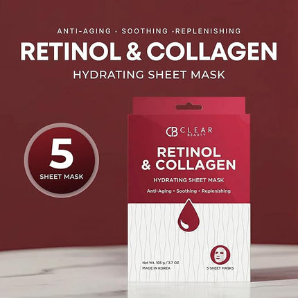 Clear Beauty Retinol & Collagen Face Mask – Firming & Hydrating – Reduces Fine Lines & Wrinkles – Korean Sheet Mask, Dermatologist Tested, Anti-Aging – Vegan, Clean Beauty, Cruelty-Free – 5 Count
