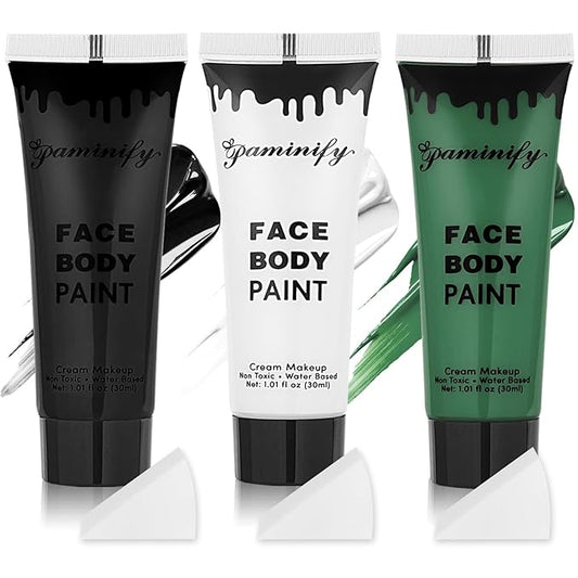 Black White Green Face Body Paint 1.01 oz/pc with 3 Sponges,Green Water Based Face Painting Cosplay Kit, Hunting Hulk Halloween SFX Witch Makeup Cream Face Paint,3 oz