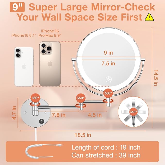 Benbilry 9" Large Wall Mounted Lighted Makeup Mirror, 1X/10X Magnifying 2-Sided AC Plug-in Powered Bathroom Mirror with 3 Color Lights, Touch Dimmable, Extended Arm 360° Rotation, Chrome