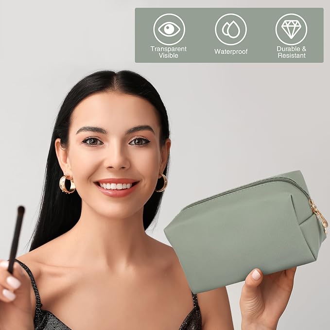 Sanwuta 9 Pcs Makeup Bags Bulk PU Double Zippers Cosmetic Bag Makeup Toiletry Pouch Portable Travel Organizers Case for Women Bachelorette Party End of The Year Bridesmaid Gift(Dark Green)