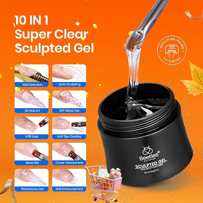 Beetles Builder Gel for Nails, 60g Sculpture Hard Gel with Dual Nail Pen Forms for Nail Thickening, 10 in 1 Manicure Extension UV Strengthener for Manicurist and Nail Art Major