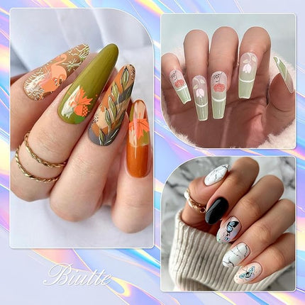 Biutee Nail Stamper Kit 16Pcs Nail Art Stamping Plate 8 Colors Stamp Polish Gel Silicone Stamper Scraper with Storage Bag, Nail Stamp Plates Love Flower Butterfly Leaf Template Valentine Design Gift