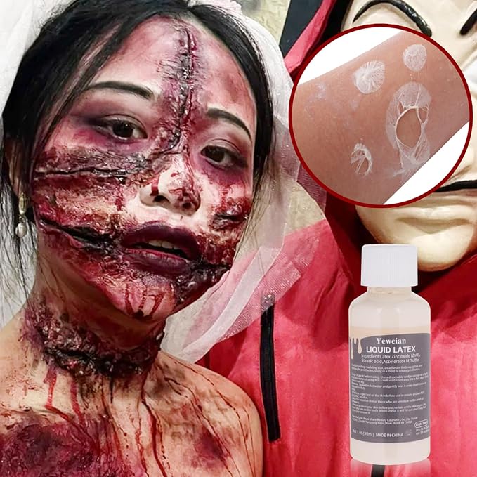 Liquid Latex Scar Wax SFX Makeup Kit with 6 Color Bruise Wheel Face Body Paint Palette+Fake Blood Splatter Spray+Squirt Blood+Coagulated Blood Gel+Spatula Sponges for Fake Scars Wounds Burns