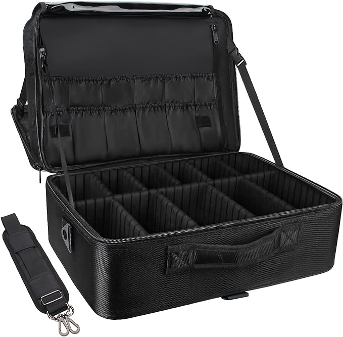 Relavel Extra Large Makeup Case Travel Makeup Train Case Professional Makeup Artist Bag Portable Nail Organizer Box Art Supply Case with Adjustable Dividers/Attach to Trolley/Shoulder Strap (Black)