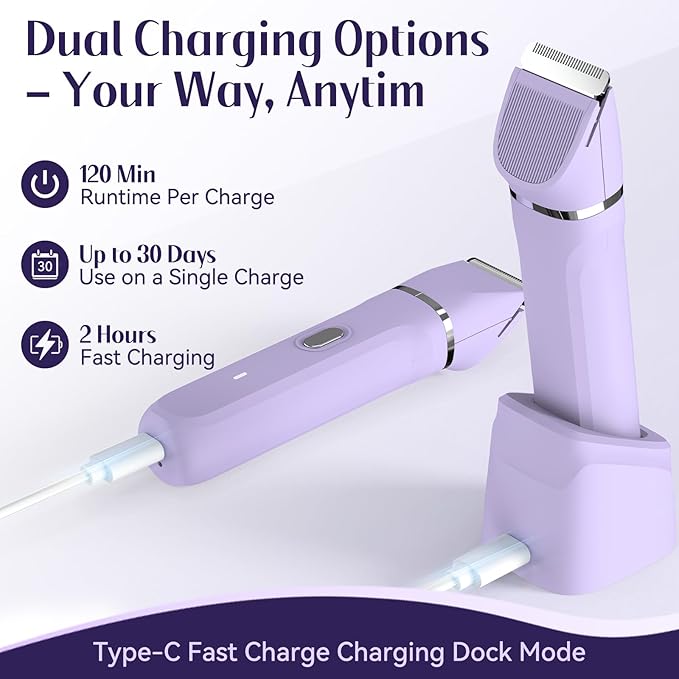 5-in-1 Bikini Trimmer for Women, IPX7 Waterproof Electric Razors Shaver, Cordless Body Hair Trimmer, Facial & Pubic Hair Removal, Ceramic Blade (Light Purple)