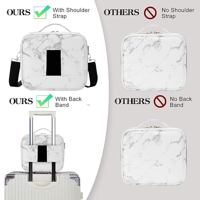 gzcz Travel Makeup Bag 10.2'' Cosmetic Bag Organizer Make up Train Case Portable Brush Artist Storage bag with Adjustable Dividers and shoulder strap for Make up Accessories (Marble White)