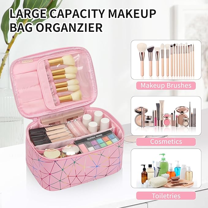 OCHEAL Makeup Bag - Portable Large Capacity Travel Cosmetic Case for Women with Handle and Divider Toiletry Organizer for Girls on the Go -Geometric Pink