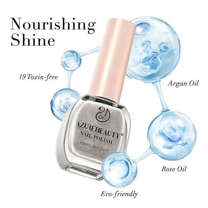 AZUREBEAUTY Silver Glitter Nail Polish Metallic Fast Drying Natural Shine Nail Lacquer Fingernail Polish Salon-Quality for Women 10ml