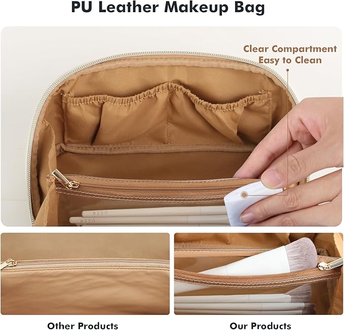 Prite Travel Cosmetic Bag Makeup Organizer Bag For Women Large Capacity Waterproof PU Leather Toiletry Bag with Handle and Clear Divider(Brown Flower)