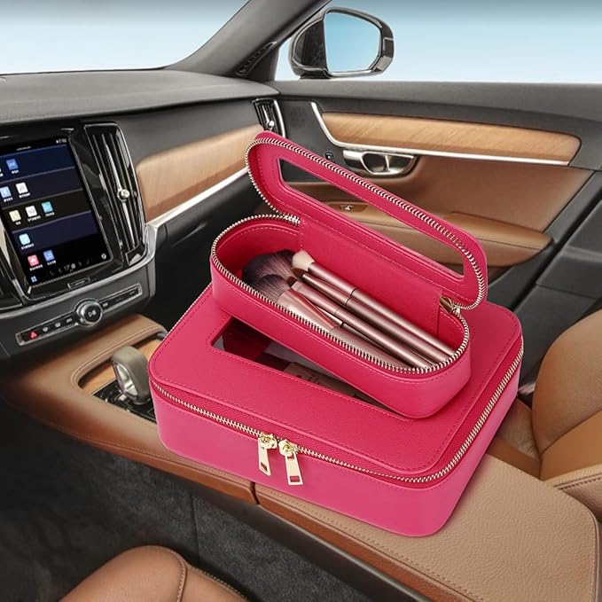 Pinkmik Travel Clear Makeup Bag with Brush Bag Portable Cosmetic Bag Case Transparent Toiletry Bag Cosmetic Organizer Storage Bag for Wome (X/Fuxia, L+SLIM)