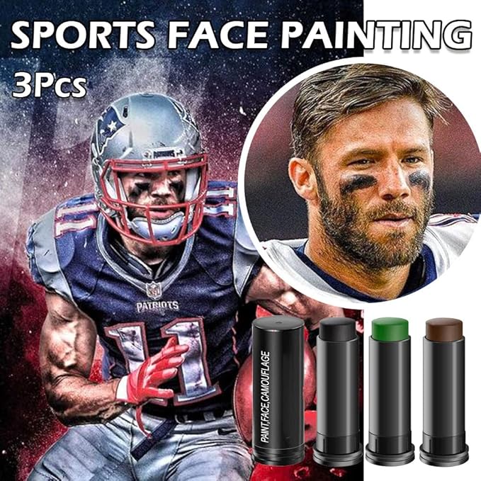 Kaely 3Pcs Face Paint Stick, Baseball Football Softball Eye Black Stick for Outdoor Sports, Black Brown Green Camo Face Body Paint Kit, Easy to Color, Halloween Birthday Party Clown Makeup Sets