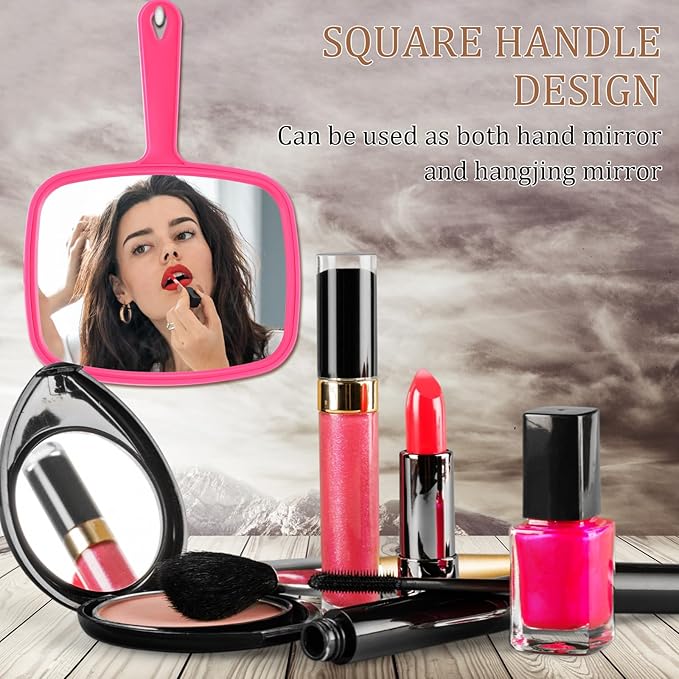 Geetery 12 Pcs Hand Held Mirrors with Handles Hand Makeup Mirrors Bulk Wall Mount for Women Cosmetic Bathroom Home Barber Salon Travel Portable Beauty School Gift, 6.69 x 9.45 Inch (Rose Red)