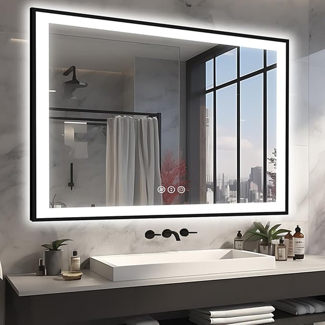 51x40 Bathroom Light up Mirror, Black Double Bright Lights Mirror, Anti-Fog Vanity Mirror with Lights, Stepless Dimmable Illuminated, Touch Control, Waterproof (Horizontal/Vertical)