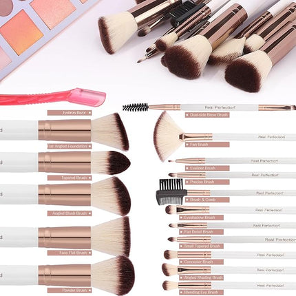 Real Perfection Makeup Brush Set 16 Pcs with 1 Eyebrow Razor Premium Synthetic Foundation Powder Concealers Eyeshadow Blush Makeup Brushes Make up Brushes Kit (White)