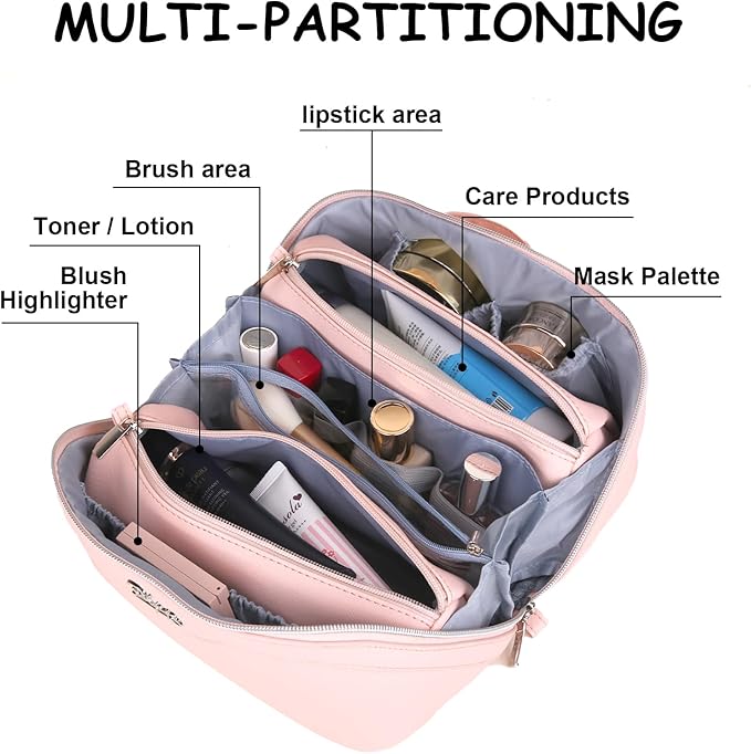 BOYATU Travel Makeup Bags for Women: Vegan Leather Cosmetic Bag Set of 3 - Large Capacity Make up Bag with Divider - Wide Open Waterproof Toiletry Organizer Bag with Handle (05-Pink)