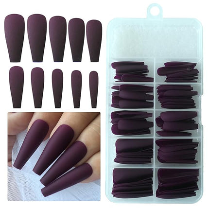 LoveOurHome 100pc Matte Coffin Press on Nails Long Ballerina Fake Nails Full Cover Colored False Artificial Fingernails Manicure Decor 10 Sizes for Women Teen Girls (Dark Magenta)