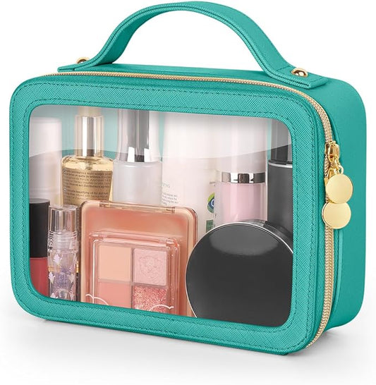 Clear Makeup Bag, Portable Travel Cosmetic Bags, Multipurpose Leather Toiletry Bag with Zipper, Waterproof Transparent Cosmetic Organizer for Women, Medium, Green