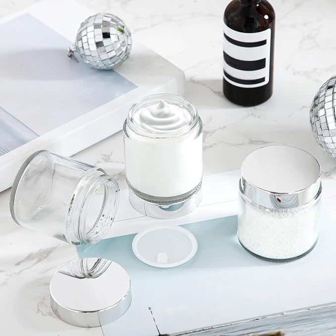 Norme 24 Pcs 4 oz Glass Jars with Lids Leakproof Round Airtight Empty Cosmetic Jars with Inner Liners Lid for Storing Lotions Powder Ointments Candle Making Tins (Silver,Clear)