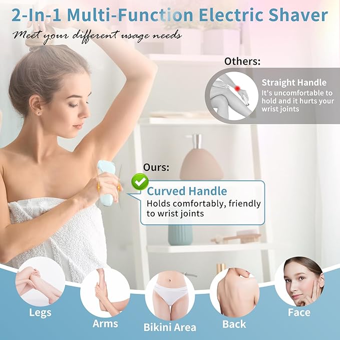 Livora Electric Shaver for Women, Bikini Trimmer for Women, Silk Glide Pro Shaver, 2 in 1 Electric Razors for Women, Waterproof Painless Wet & Dry, Removable Head for Bikini, Legs, Body