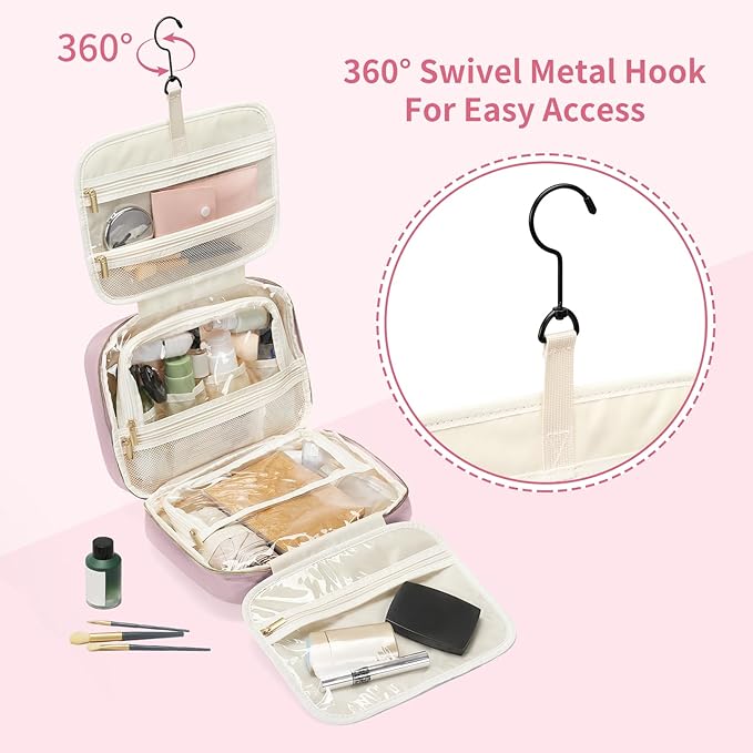 Travel Toiletry Makeup Bag for Women Hanging Toiletry Bag Cosmetic Organizer Make up Bags for Women Travel Essentials (Pinkish Purple)