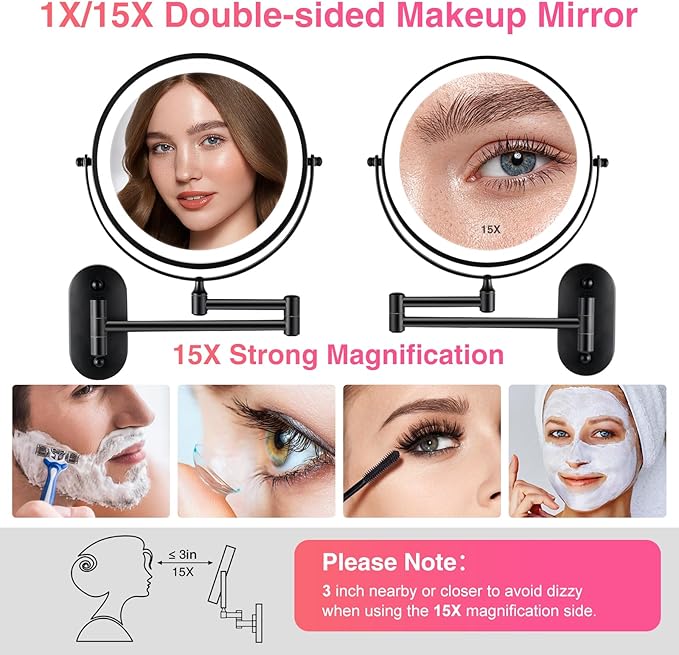 Magnifying Mirror with Lights 1x/15x Rechargeable: 8.5 inch Wall Mounted Lighted Makeup Mirror for Bathroom
