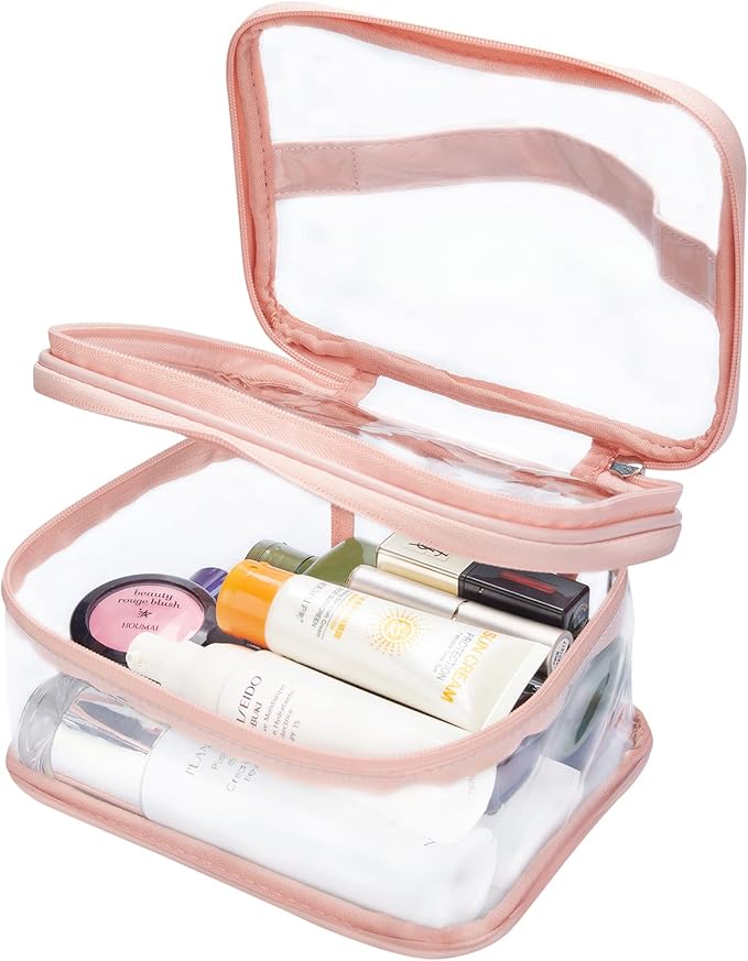 Double Layer Clear Cosmetic Bag Makeup Bag, Waterproof Travel Toiletry Bag, Transparent PVC Hair & Nail Accessories Pouch Beach Bag Organizer (Pink)