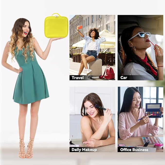 Travel Makeup Bag with LED Mirror and 10x magnifying glass with 3 Lighted Settings, Adjustable Dividers and Makeup Brush Storage Bag Yellow