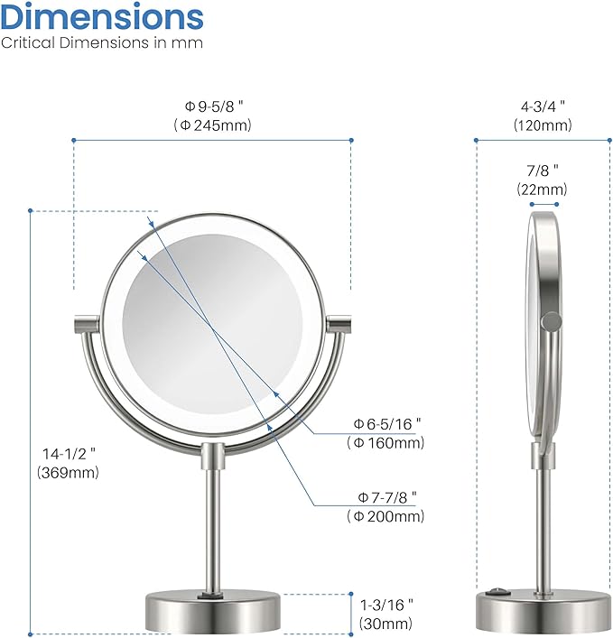 KIBI Circular Lighted Makeup Mirror with LED Lights and Magnification | 360-Degree Swivel with Adjustable Brightness, Dual-Sided Mirror for Desk with 5X Magnification (Brushed Nickel, KMM104)