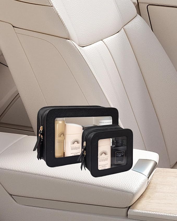 2 Pcs Travel Clear Makeup Bag Set, Clear White Makeup Organizer with Zipper Leather Travel Bags for Toiletries Small Cosmetic Bags for Women Mini Make up Pouch Toiletry Bags Car Essentials