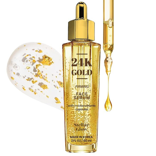 Stellar Glow 24K Gold & Hyaluronic Acid Serum For Face - Dermatologist Tested, Anti-Aging Skin Care, Ultra Hydrating for Blemishes, Dry & Acne-Prone Skin - Korean, Vegan, Clean Beauty - 2 FL. Oz