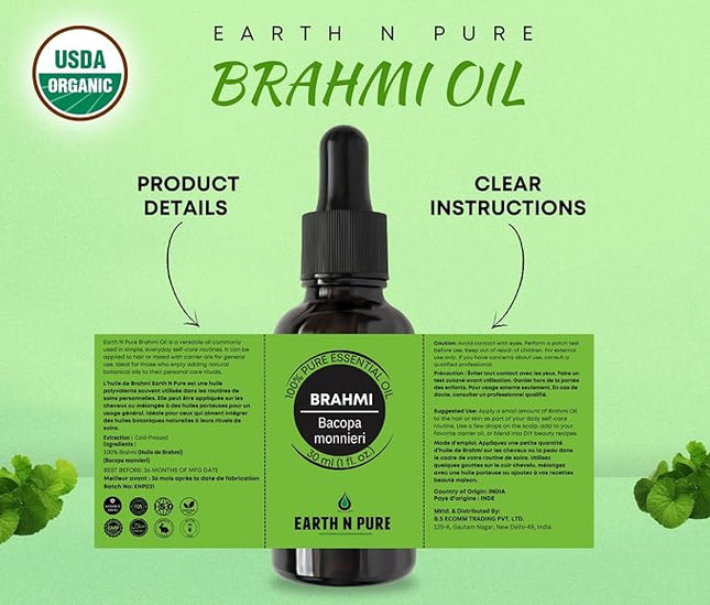 Earth N Pure Brahmi Oil for Hair, Cold Pressed, Natural and Therapeutic Grade with Glass Dropper - 30 ML