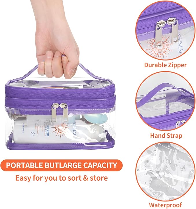 HAOGUAGUA Double Layer Clear Cosmetic Bag Makeup Bag, Waterproof Travel Toiletry Bag, Transparent PVC Pouch Organizer (Purple)