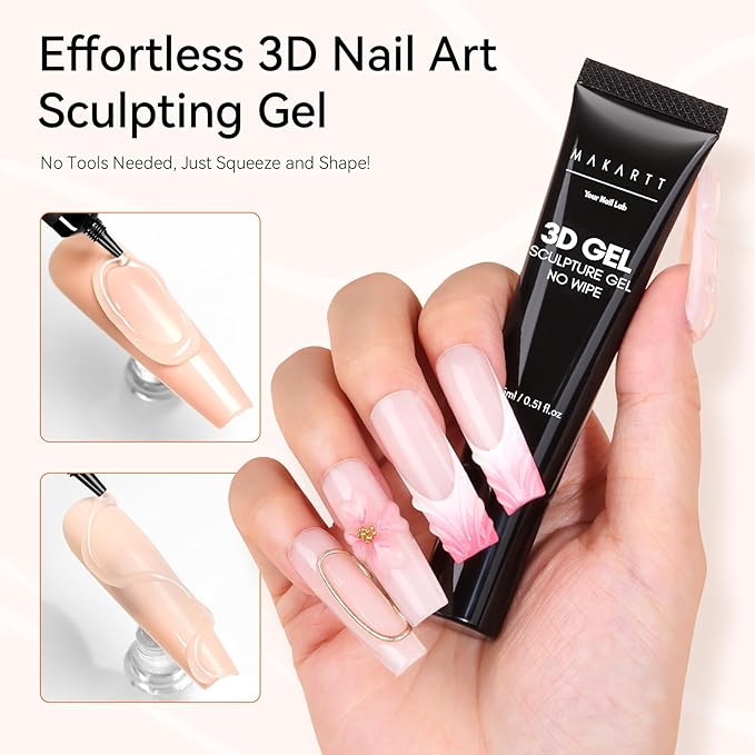 Makartt 3D Gel Nail Art, Sculpting Gel Glue for Drawing, Molding, Sculpture, Gems and Decoration, No Wipe Clear Gel Polish for DIY Nail Designs, 15g