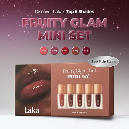 Laka Fruity Glam Tint Mini Set, 5pc Lip Tint Gift Set for Women, Valentine's Day Gifts, Hydrating & Glowy Finish, Lightweight & Transfer-proof Stain, K-Beauty