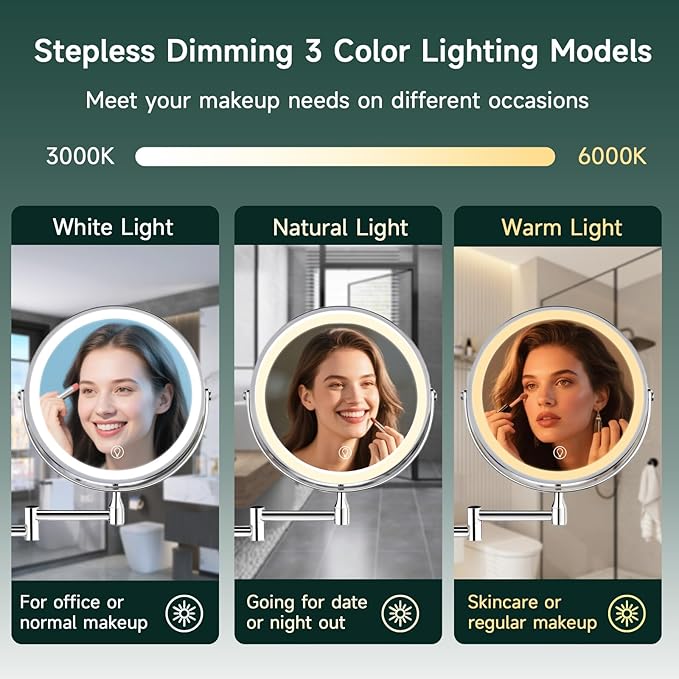 1X/10X Wall Mounted Lighted Makeup Mirror - 8" Dual-Sided Vanity Mirror with 3 Color Lights for Bathroom Bedroom Makeup Studio | 4000 mAh-USB Rechargeable | Touch Dimmable | Extended Arm 360° Rotation