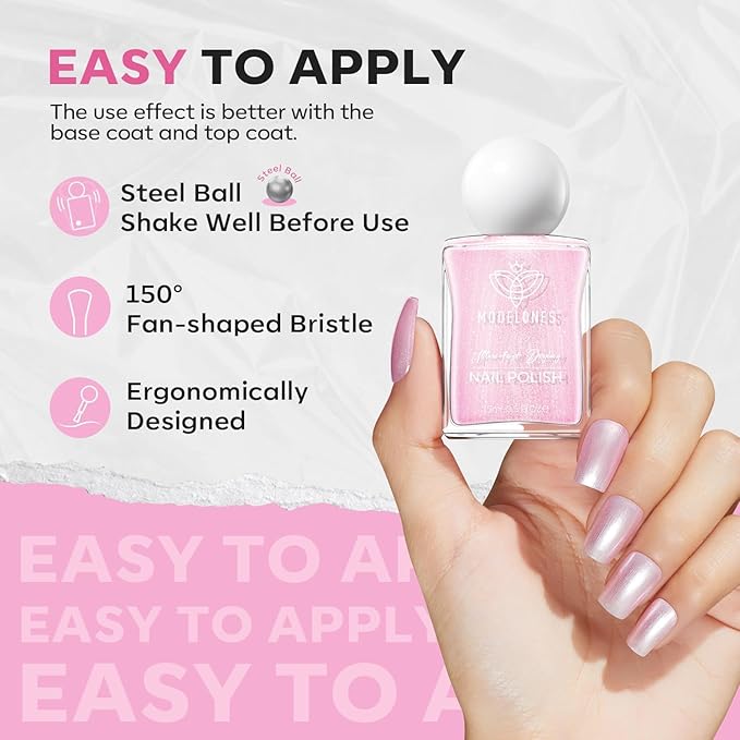 modelones Glazed Pink Nail Polish, Shimmer Pearl Pink 15 ml Quick Dry Nail Lacquer Strengthener Long Last Shine Fingernail Toe Nail Art DIY Home Travel Manicure Gift for Women Girls 0.5 Fl Oz