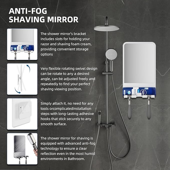 Shower Mirror for Shaving Fogless with Multifunctional Storage for Razor and Shaving Foam Canister,Adjustable Angle Mirror (White)
