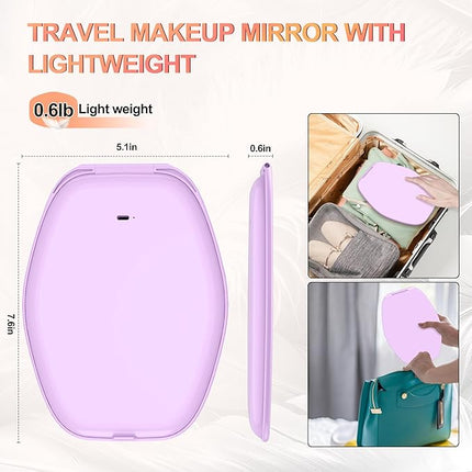 Travel Makeup Mirror with Light: 3 Color Lighting Portable Mirror with Touch Screen Rechargeable Adjustable LED Lights Hexagon Vanity Mirror for Travel, Desk, Home (Purple)