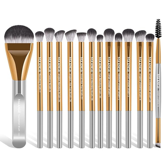 MAANGE 14-Piece Makeup Brush Set with Aluminum Ferrule- Premium Synthetic Makeup Brushes Kit Foundation Brush Eye Shadow for Beginners & Professionals(Gold and Silver)