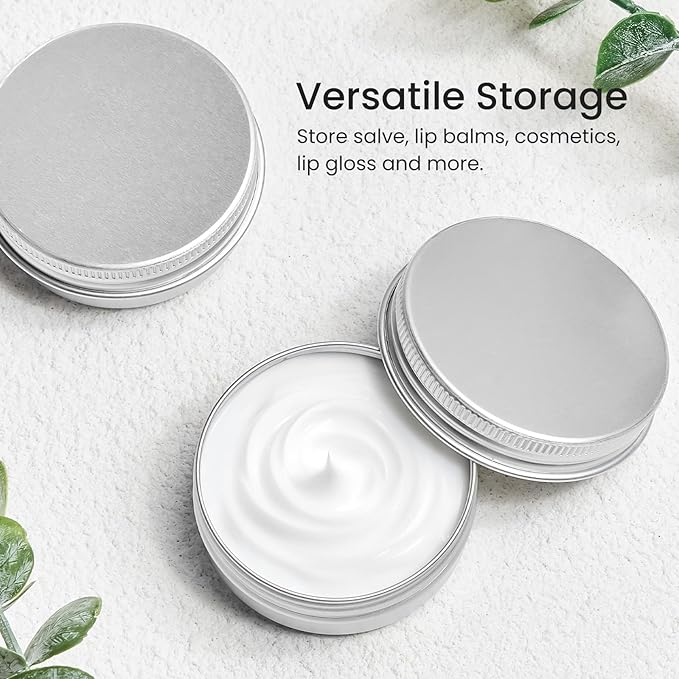 TUZAZO 12Pack 1 Oz Aluminum Tin Cans with Screw Lid and Labels, Refillable Travel Sized Cosmetic Containers Small Tins for Salves, Lotion Bars, Beard Balms, Candles