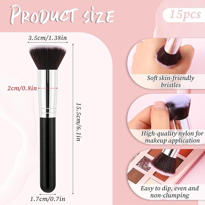 15 Pcs Kabuki Foundation Brush, Flat Top Makeup Brushes Blush Concealer Brushes for Liquid Cream Eyeshadow Applicator Blending Buffing Makeup Tools (Black)